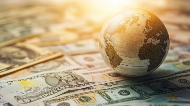 An international business and trade representation with a stylized Earth globe placed on a foreign currency map.