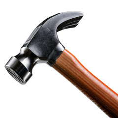 A close-up of a classic hammer with a wooden handle and a steel head.