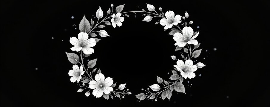 Elegant black and white floral wreath on dark background, in peace, white, delicate