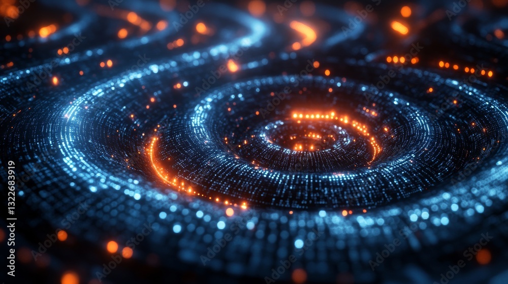 Leinwandbilder Vibrant patterns represent quantum phenomena like qubits, superposition, and entanglement. The swirling motions display energy transfer and decoherence effects in a simulational context.