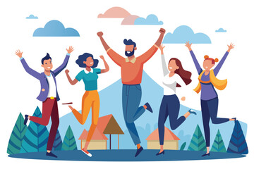 Happy people group portrait. Friends waving hands, embracing each other vector illustration