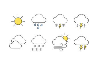 Obraz premium 天気, 天気アイコン, 天気予報, 晴れ, 曇り, 雨, 雪, 雷, 強風, 気象, 季節, 気象情報, 天候, 台風, 気圧, 気温, 湿度, 風速, 天気マーク, 気象マーク, 気象アイコン, シンプルアイコン, 天候変化, 気象情報アイコン, 雨雲, 雷雲, 雪マーク, 風, 気象アプリ, アプリUI, ウェザーアイコン, 天気図, 気象情報デザイン, ウェブデザイン, 資料作成, アイコン