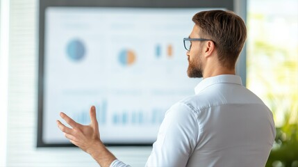 Financial advisor in white shirt and glasses explaining charts to engaged audience with clear and informative communication