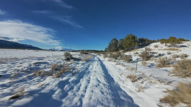 Aerial-FPV-First person view-Flying low and fast over snowy sagebrush lined country road toward a dark blue sky passing long shadows from the setting sun