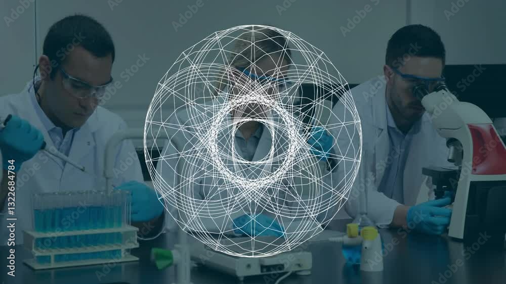 Poster scientists working in laboratory with geometric data processing animation overlay