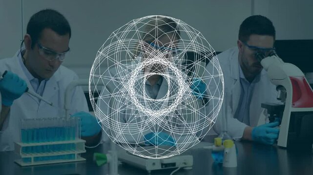Scientists working in laboratory with geometric data processing animation overlay