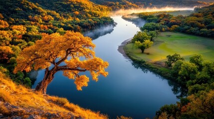 Naklejka premium The misty river meanders gracefully through the serene landscape, its surface reflecting the vibrant hues of the surrounding autumn trees