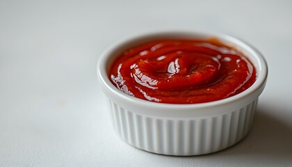 A small white ramekin filled with red tomato sauce