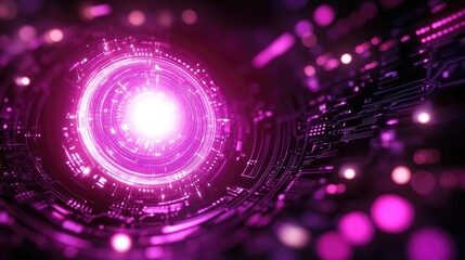 A minimalistic technology emblem glowing in deep purple, surrounded by digital matrix effects and futuristic details.
