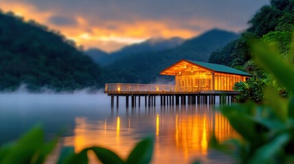 Fototapeta premium The peaceful pier juts out into the calm waters of the lake, shrouded in a light mist that gives the scene a dreamlike quality