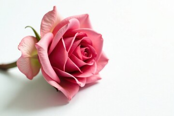 Delicate dried rose, petals curled, white backdrop, pastel, object, blossom