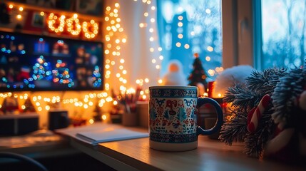 Christmas themed home office setup with cozy winter decor a festive coffee mug and a warm inviting workspace with fairy lights
