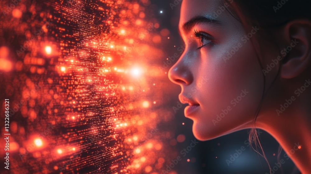 Poster A young woman intently observes a vibrant display representing quantum concepts like superposition and entanglement, highlighting the intersection of human perception and advanced physics.