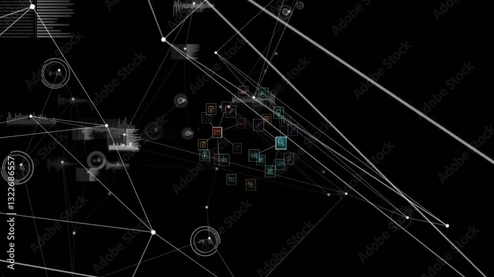 Poster animation of interconnected nodes and data visualizations on black background