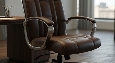Brown Leather Office Chair with Desk in Modern Office Setting