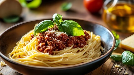 Delicious Spaghetti Bolognese with Parmesan and Basil