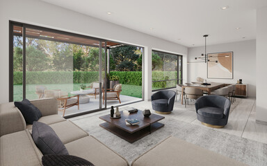 Sala moderna con vista al jardin, 3d render