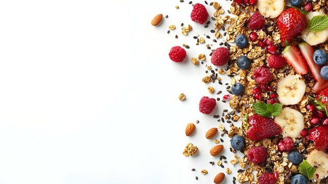 Healthy granola with berries and fruits isolated on white background