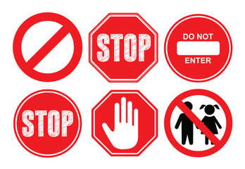 Stop sign red icon clipart set. Warning signages symbol clip art collection no entry, caution, prohibited, not allowed and dangerous signboard for safety and security vector illustration.
