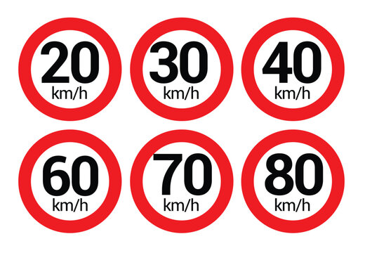 Speed limit road icon clipart set. Highway traffic speed limit clip art warning maximum km per hours for safety driving regulation signages  vector illustration. 
