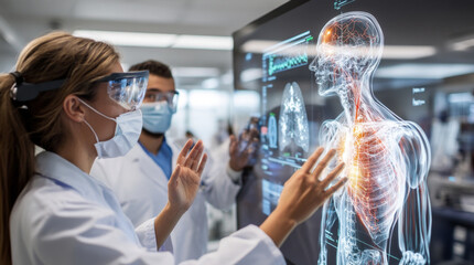Interns at a medical training facility use an interactive digital anatomy display, to deepen their understanding of human biology and prepare for careers as healthcare professionals.