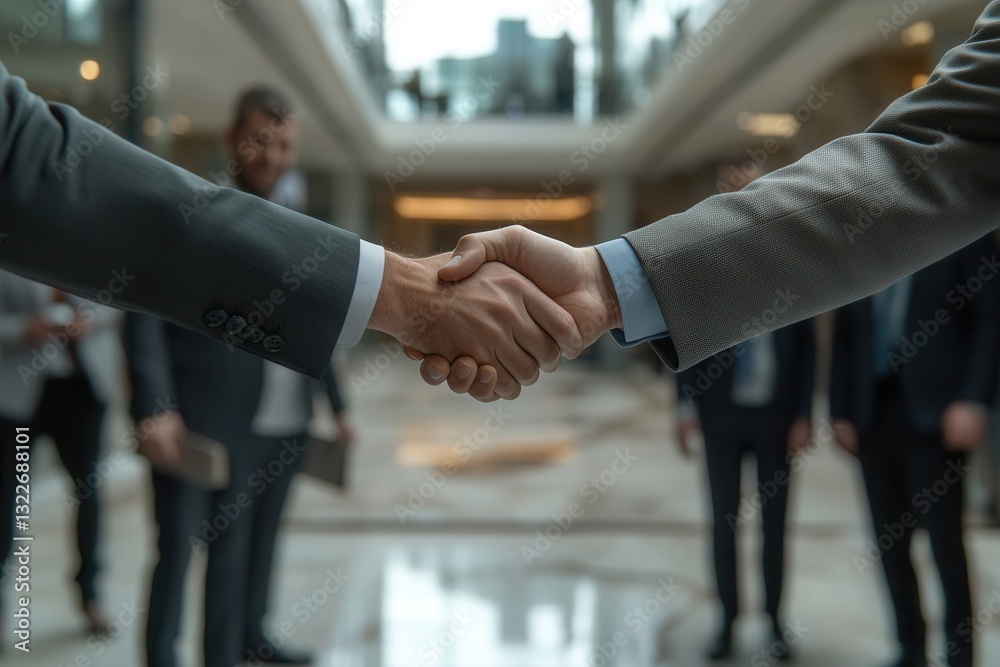 Poster businesspeople shaking hands in modern lobby showcasing collaboration and professional networking
