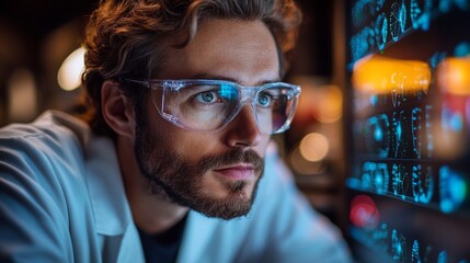 A researcher investigates the principles of quantum mechanics, focusing on qubits, superposition, and entanglement using computer simulations. The setting is a modern laboratory.