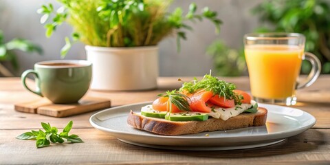 Delightful morning meal featuring a gourmet open-faced sandwich with smoked salmon, avocado, and herbs, accompanied by a cup of coffee and fresh orange juice