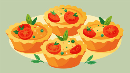 Flaky pastry cups filled with a savory mixture of tangy cheese roasted tomatoes and fresh herbs perfect for nibbling on throughout the party.. Vector illustration