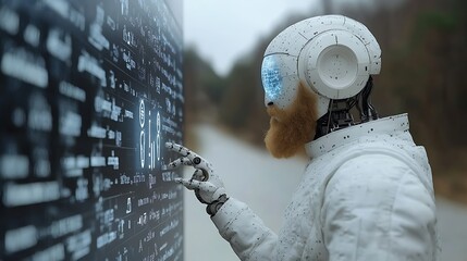 A robot interacting with digital data on a dark display screen