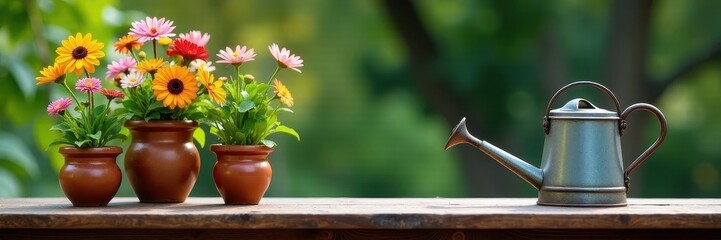 Elegant metal table, ceramic pots, colorful flowers, watering can , lifestyle, vibrant