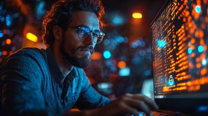 A focused individual engages with a computer, analyzing complex quantum algorithms related to qubit superposition and entanglement. The dimly lit environment enhances concentration.
