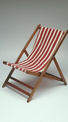 Wooden chair with red and white striped fabric on it