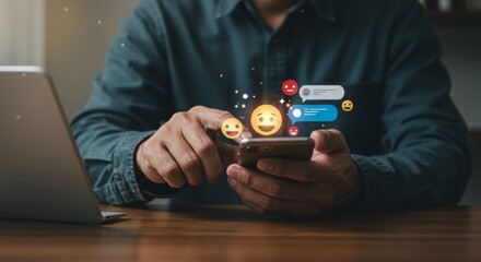 Smartphones and social media to relax. Live icon smile, laugh, press like for entertainment.