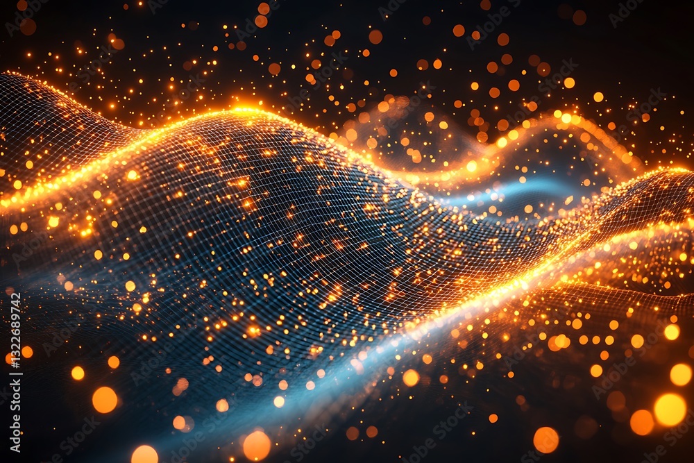 Poster abstract depiction of a glowing network with luminous particles floating