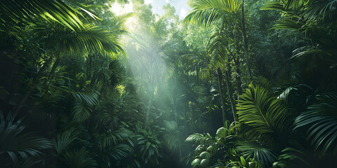 Lush tropical rainforest with tall trees and sunlight filtering through