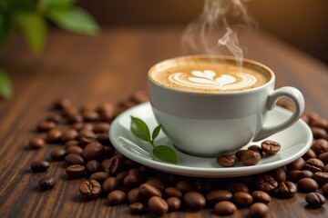 Obraz premium Freshly brewed coffee and raw beans, elegant presentation , simple, comfort