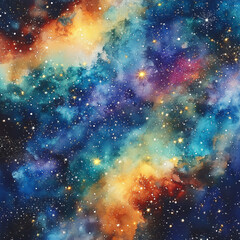 Vibrant Cosmic Watercolor Background with Stars and Galactic Magic, Generative AI