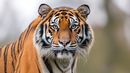 Fototapeta premium A majestic tiger with bright orange fur, bold black stripes, piercing eyes, and sharp claws, standing proudly against a white background.