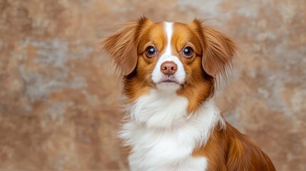 Fototapeta premium The portrait showcases a small brown and white dog with soulful eyes and a playful expression, capturing the essence of its charming and affectionate personality.
