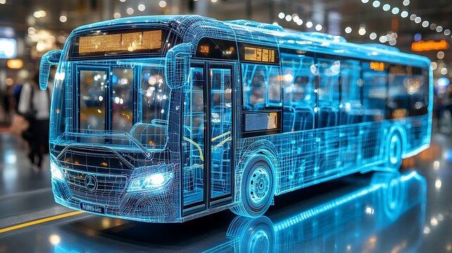 A futuristic digital schematic of a city transit passenger bus