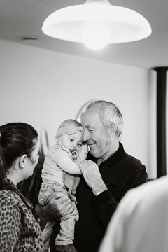 Black and white candid family portrait