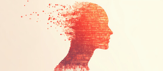 Mind Dissolving: A conceptual artistic representation of a human silhouette in profile, fading and dissolving into a cloud of pixels and particles.