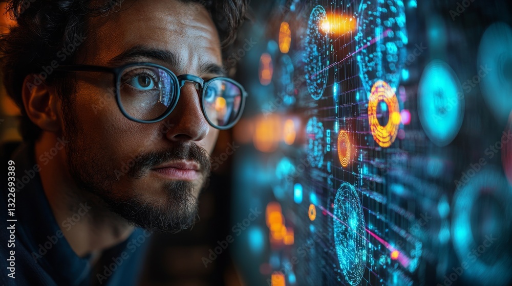 Poster A researcher intently analyzes dynamic visualizations of quantum computing concepts like qubits, superposition, and entanglement on a digital display.