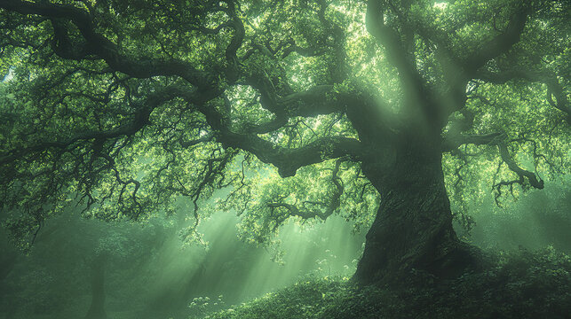 Ancient terebinth tree with dense green canopy in sunlight