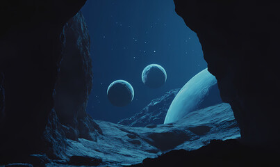 Celestial Vantage: A breathtaking view of celestial bodies, captured from within a cavernous enclave, offering a unique perspective on cosmic beauty and the wonders beyond.