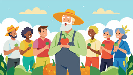 A senior man in suspenders and a straw hat leads the group of retirees in a song as they tend to their summer squash and bell peppers in the community garden.. Vector illustration