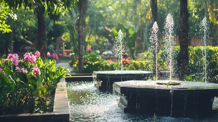 Serene Garden with Decorative Fountains and Colorful Flowers