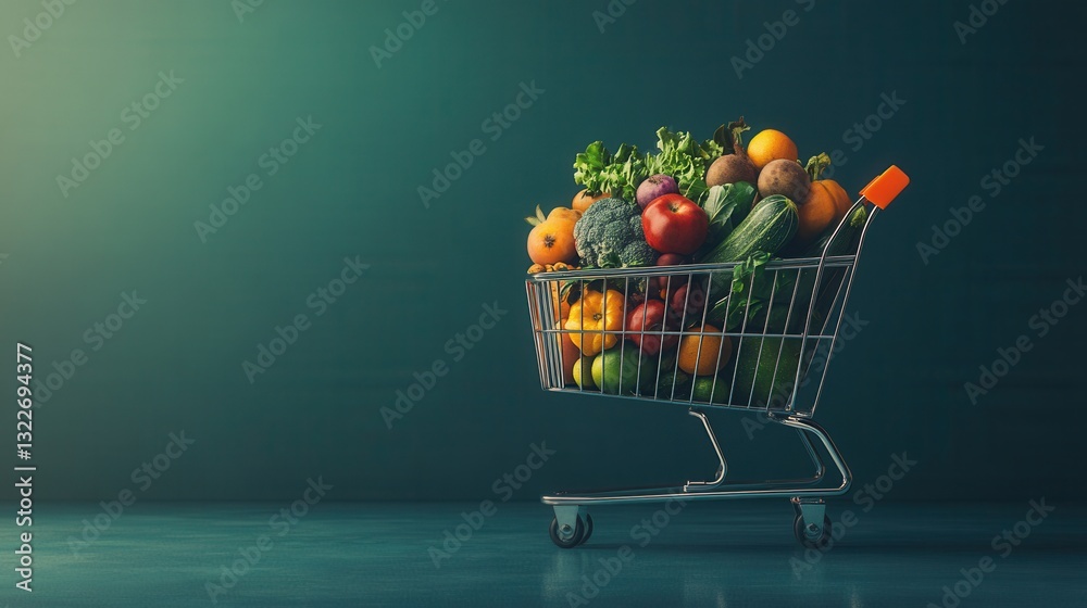 Poster modern shopping cart filled with fresh produce and groceries in a minimalistic setting during bright