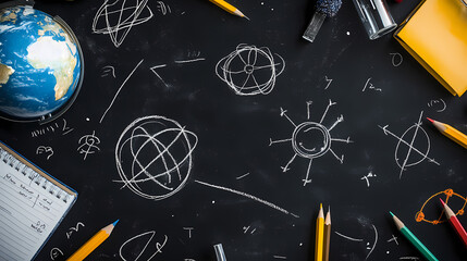 Obraz premium World of Knowledge: Explore the universe and beyond with this image of a chalkboard adorned with scientific diagrams and educational tools, encouraging curiosity and discovery.